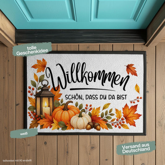 Herbst Fußmatte für Haustür und Eingang mit dem Spruch „Willkommen – Schön, dass du da bist“ und herbstlichem Motiv aus orangefarbenen Kürbissen, bunten Herbstblättern, Beeren, Eicheln und Laterne. Bedruckte Fußmatte aus 100 % Polypropylen mit rutschfestem Gummirand, erhältlich in drei Größen und verschiedenen Hintergrundfarben. Dekorative Haustür Fußmatte und Eingangs Fußmatte für Herbstzeit, passend als Willkommensmatte Schmutzfangmatte und Fußmatte Willkommen für einen dekorierten Hauseingang