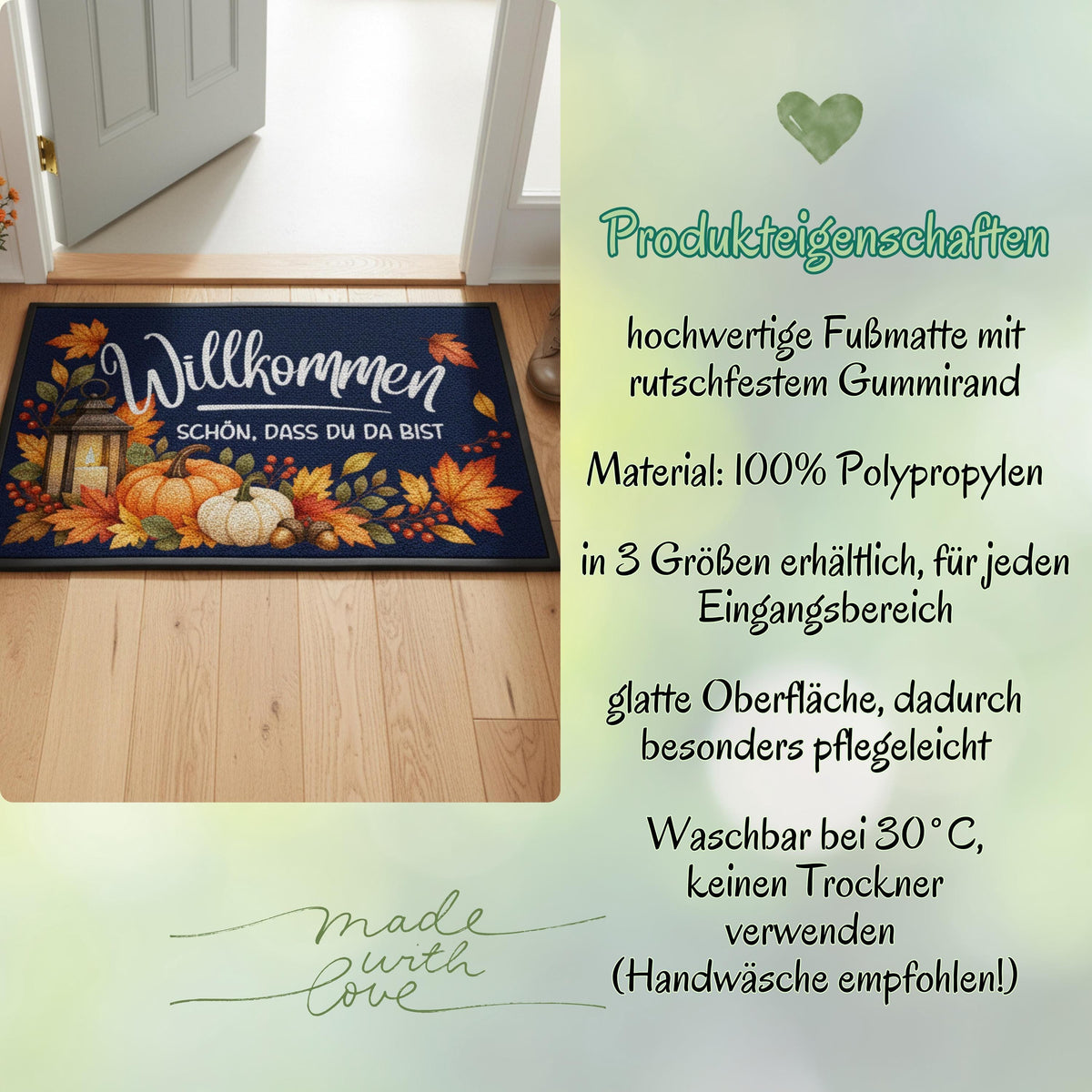 Herbst Fußmatte für Haustür und Eingang mit dem Spruch „Willkommen – Schön, dass du da bist“ und herbstlichem Motiv aus orangefarbenen Kürbissen, bunten Herbstblättern, Beeren, Eicheln und Laterne. Bedruckte Fußmatte aus 100 % Polypropylen mit rutschfestem Gummirand, erhältlich in drei Größen und verschiedenen Hintergrundfarben. Dekorative Haustür Fußmatte und Eingangs Fußmatte für Herbstzeit, passend als Willkommensmatte Schmutzfangmatte und Fußmatte Willkommen für einen dekorierten Hauseingang