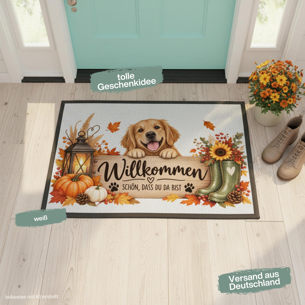 Herbst Fußmatte für Haustür und Eingang mit fröhlichem Hund und Spruch „Willkommen – Schön, dass du da bist“. Bedruckte Haustür Fußmatte mit Kürbissen, buntem Herbstlaub, Laterne, Sonnenblume, Beeren, Tannenzapfen, Gummistiefeln und kleinen Pfoten. Schmutzfangmatte aus 100 % Polypropylen mit rutschfestem Gummirand. Dekorative Eingangs Fußmatte und Willkommensmatte für die Herbstzeit, passend als Fußmatte Willkommen, Herbst Fußmatte und Geschenk für Hundebesitzer, Hundefreunde, Herbstfans