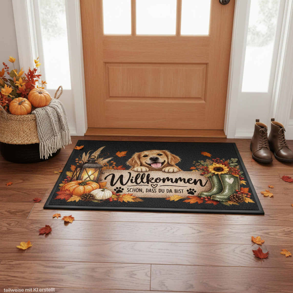 Herbst Fußmatte für Haustür und Eingang mit fröhlichem Hund und Spruch „Willkommen – Schön, dass du da bist“. Bedruckte Haustür Fußmatte mit Kürbissen, buntem Herbstlaub, Laterne, Sonnenblume, Beeren, Tannenzapfen, Gummistiefeln und kleinen Pfoten. Schmutzfangmatte aus 100 % Polypropylen mit rutschfestem Gummirand. Dekorative Eingangs Fußmatte und Willkommensmatte für die Herbstzeit, passend als Fußmatte Willkommen, Herbst Fußmatte und Geschenk für Hundebesitzer, Hundefreunde, Herbstfans