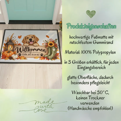 Herbst Fußmatte für Haustür und Eingang mit fröhlichem Hund und Spruch „Willkommen – Schön, dass du da bist“. Bedruckte Haustür Fußmatte mit Kürbissen, buntem Herbstlaub, Laterne, Sonnenblume, Beeren, Tannenzapfen, Gummistiefeln und kleinen Pfoten. Schmutzfangmatte aus 100 % Polypropylen mit rutschfestem Gummirand. Dekorative Eingangs Fußmatte und Willkommensmatte für die Herbstzeit, passend als Fußmatte Willkommen, Herbst Fußmatte und Geschenk für Hundebesitzer, Hundefreunde, Herbstfans