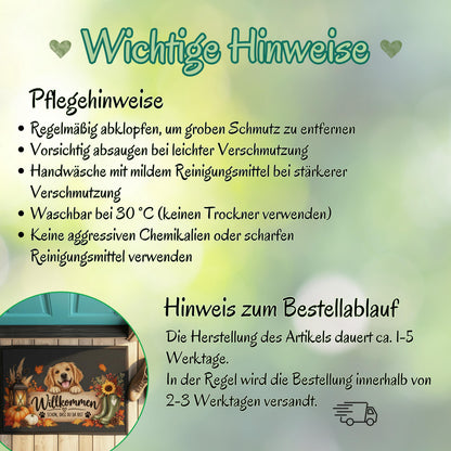 Herbst Fußmatte für Haustür und Eingang mit fröhlichem Hund und Spruch „Willkommen – Schön, dass du da bist“. Bedruckte Haustür Fußmatte mit Kürbissen, buntem Herbstlaub, Laterne, Sonnenblume, Beeren, Tannenzapfen, Gummistiefeln und kleinen Pfoten. Schmutzfangmatte aus 100 % Polypropylen mit rutschfestem Gummirand. Dekorative Eingangs Fußmatte und Willkommensmatte für die Herbstzeit, passend als Fußmatte Willkommen, Herbst Fußmatte und Geschenk für Hundebesitzer, Hundefreunde, Herbstfans
