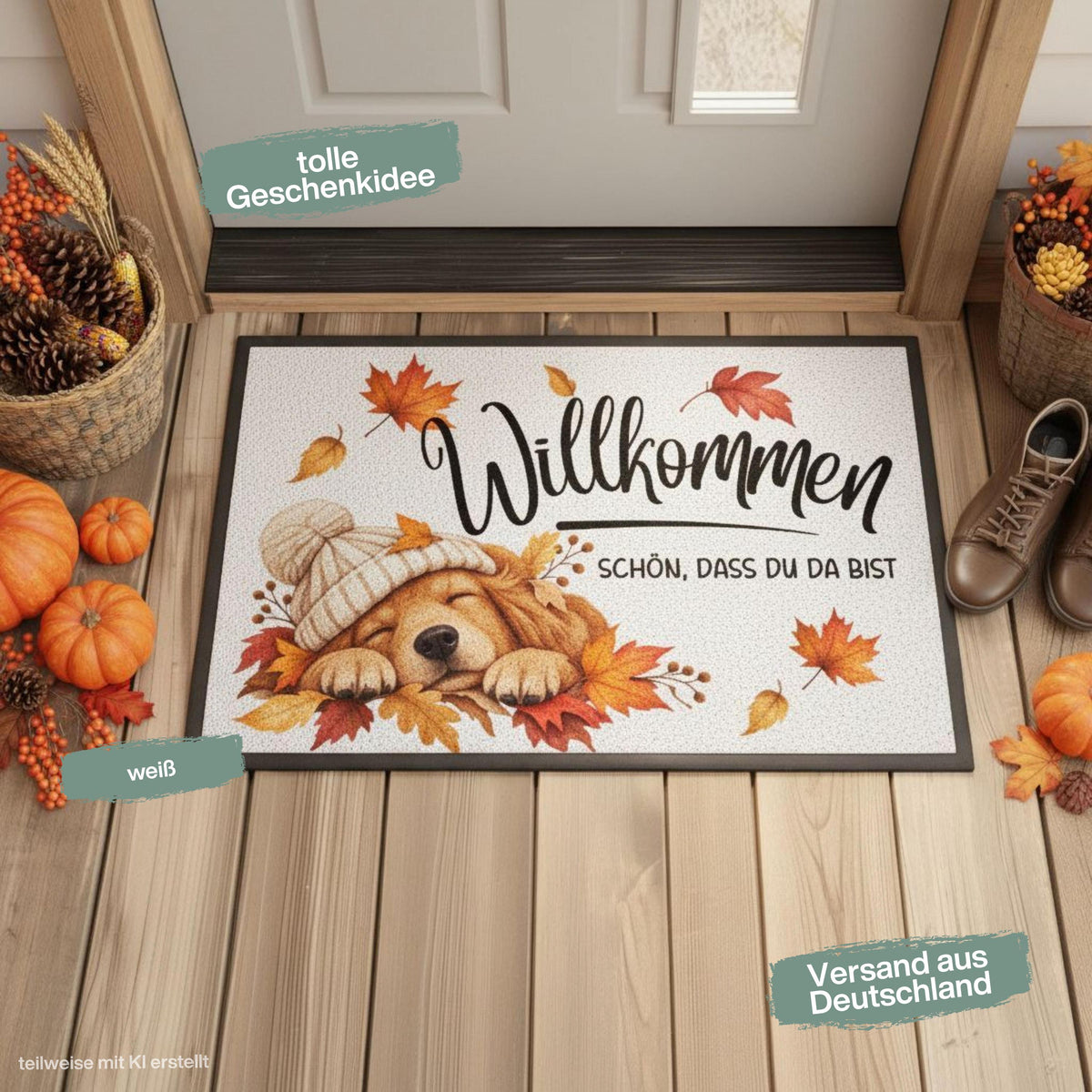 Herbst Fußmatte für Haustür und Eingang mit schlafendem Hund, Strickmütze und Spruch „Willkommen – Schön, dass du da bist“. Bedruckte Haustür Fußmatte mit buntem Herbstlaub in Orange, Rot und Gold als gemütliche Herbstdeko für den Eingangsbereich. Schmutzfangmatte aus 100 % Polypropylen mit rutschfestem Gummirand.Dekorative Eingangs Fußmatte und Willkommensmatte für Hundefreunde, passend als Fußmatte Herbst, Haustürmatte, Fußmatte Willkommen und Geschenk für Hundebesitzer oder zum Einzug.