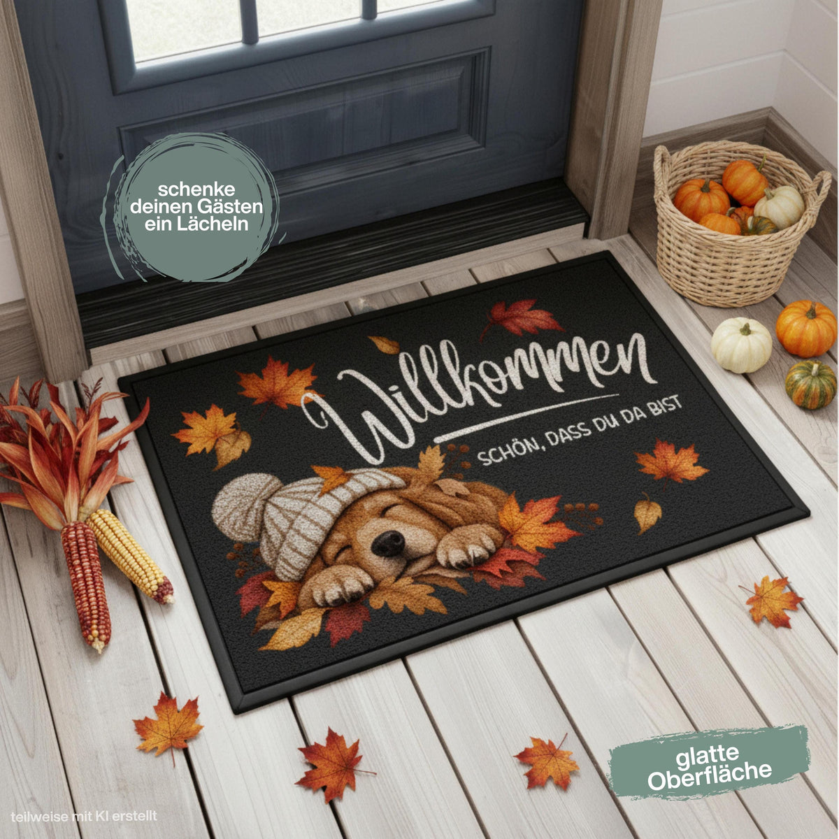 Herbst Fußmatte für Haustür und Eingang mit schlafendem Hund, Strickmütze und Spruch „Willkommen – Schön, dass du da bist“. Bedruckte Haustür Fußmatte mit buntem Herbstlaub in Orange, Rot und Gold als gemütliche Herbstdeko für den Eingangsbereich. Schmutzfangmatte aus 100 % Polypropylen mit rutschfestem Gummirand.Dekorative Eingangs Fußmatte und Willkommensmatte für Hundefreunde, passend als Fußmatte Herbst, Haustürmatte, Fußmatte Willkommen und Geschenk für Hundebesitzer oder zum Einzug.