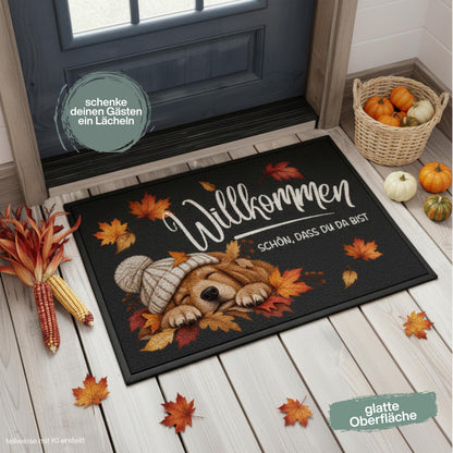 Herbst Fußmatte für Haustür und Eingang mit schlafendem Hund, Strickmütze und Spruch „Willkommen – Schön, dass du da bist“. Bedruckte Haustür Fußmatte mit buntem Herbstlaub in Orange, Rot und Gold als gemütliche Herbstdeko für den Eingangsbereich. Schmutzfangmatte aus 100 % Polypropylen mit rutschfestem Gummirand.Dekorative Eingangs Fußmatte und Willkommensmatte für Hundefreunde, passend als Fußmatte Herbst, Haustürmatte, Fußmatte Willkommen und Geschenk für Hundebesitzer oder zum Einzug.