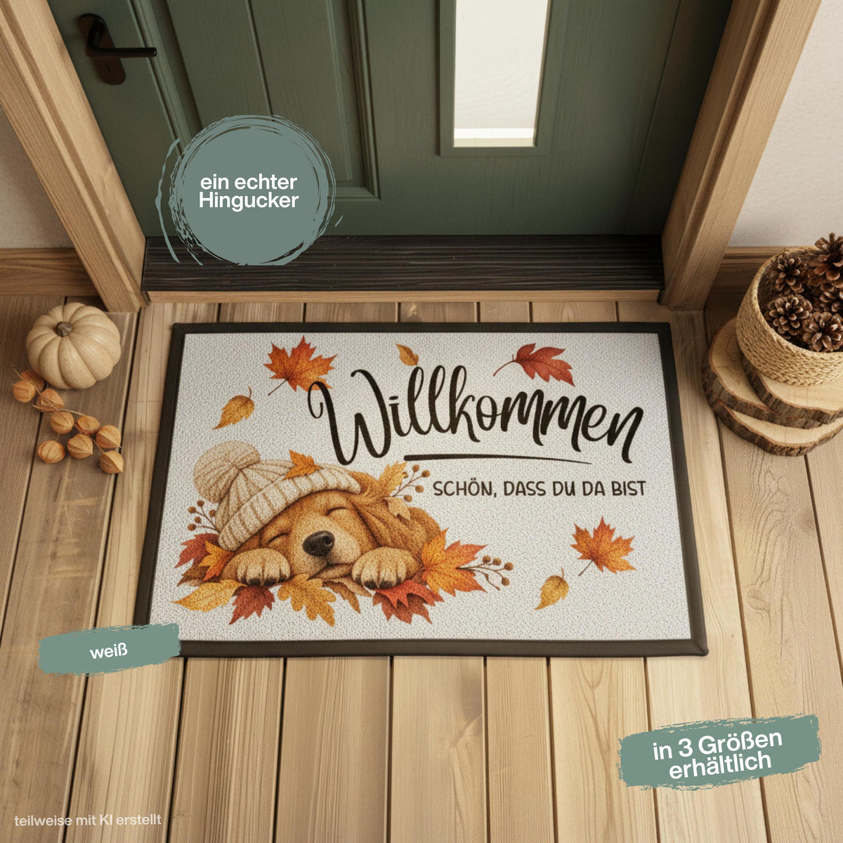 Herbst Fußmatte für Haustür und Eingang mit schlafendem Hund, Strickmütze und Spruch „Willkommen – Schön, dass du da bist“. Bedruckte Haustür Fußmatte mit buntem Herbstlaub in Orange, Rot und Gold als gemütliche Herbstdeko für den Eingangsbereich. Schmutzfangmatte aus 100 % Polypropylen mit rutschfestem Gummirand.Dekorative Eingangs Fußmatte und Willkommensmatte für Hundefreunde, passend als Fußmatte Herbst, Haustürmatte, Fußmatte Willkommen und Geschenk für Hundebesitzer oder zum Einzug.