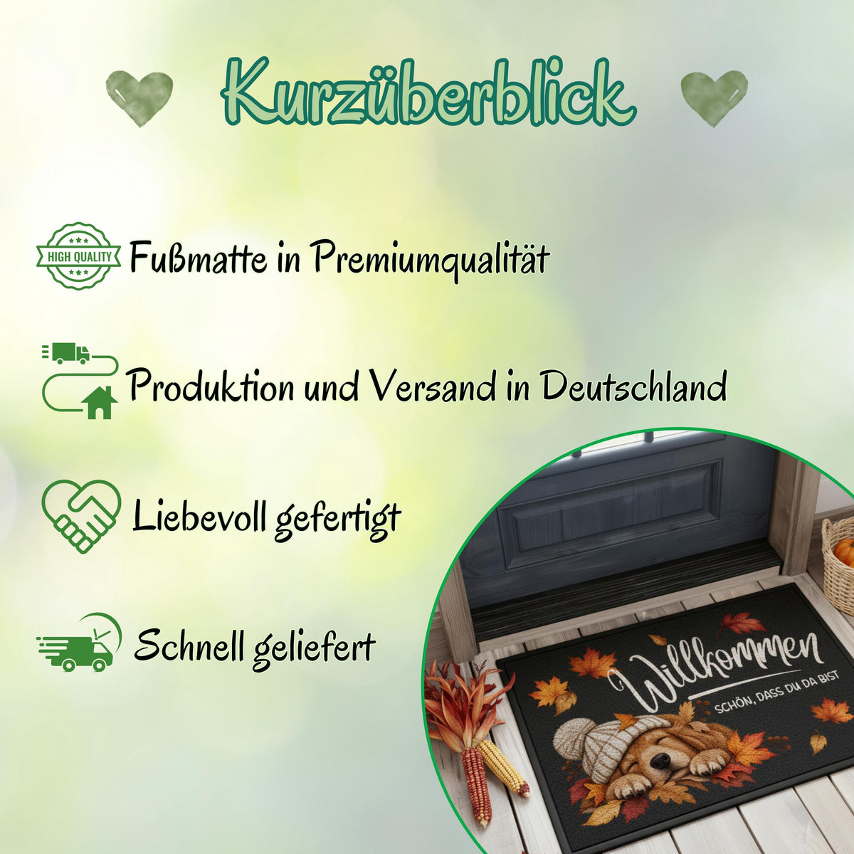 Herbst Fußmatte für Haustür und Eingang mit schlafendem Hund, Strickmütze und Spruch „Willkommen – Schön, dass du da bist“. Bedruckte Haustür Fußmatte mit buntem Herbstlaub in Orange, Rot und Gold als gemütliche Herbstdeko für den Eingangsbereich. Schmutzfangmatte aus 100 % Polypropylen mit rutschfestem Gummirand.Dekorative Eingangs Fußmatte und Willkommensmatte für Hundefreunde, passend als Fußmatte Herbst, Haustürmatte, Fußmatte Willkommen und Geschenk für Hundebesitzer oder zum Einzug.