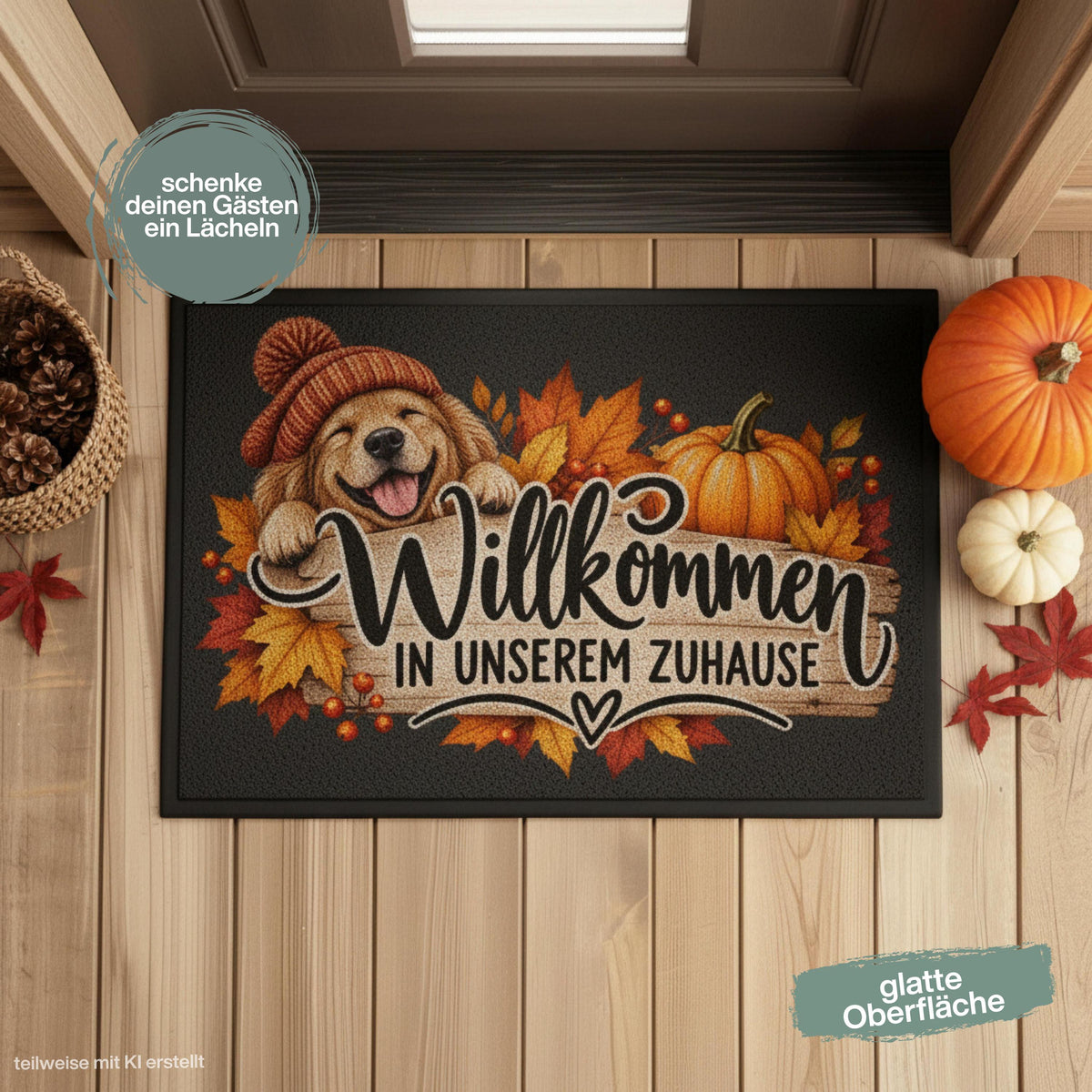 Herbst Fußmatte für Haustür und Eingang mit fröhlichem Hund, orangefarbener Strickmütze, Kürbis und buntem Herbstlaub sowie Spruch „Willkommen in unserem Zuhause“. Bedruckte Haustür Fußmatte als gemütliche Herbstdeko und Willkommensmatte für den Eingangsbereich. Schmutzfangmatte aus 100 % Polypropylen mit rutschfestem Gummirand. Dekorative Eingangs Fußmatte für Hundefreunde und Herbstfans, passend als Fußmatte Herbst Haustürmatte Fußmatte Willkommen und Geschenk für Hundebesitzer oder zum Einzug