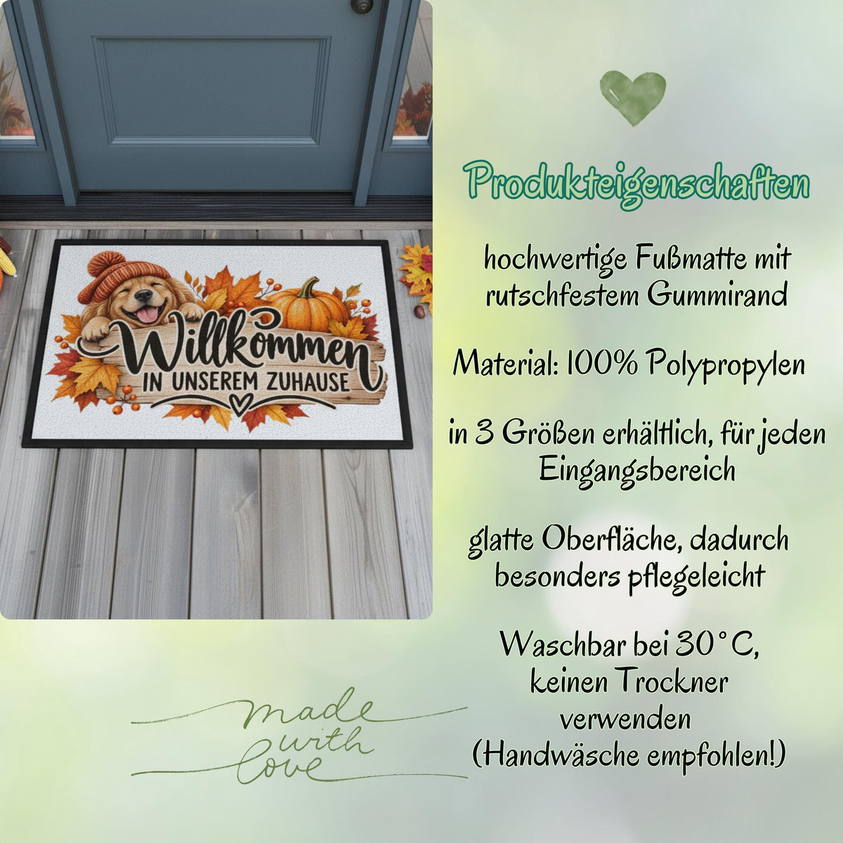 Herbst Fußmatte für Haustür und Eingang mit fröhlichem Hund, orangefarbener Strickmütze, Kürbis und buntem Herbstlaub sowie Spruch „Willkommen in unserem Zuhause“. Bedruckte Haustür Fußmatte als gemütliche Herbstdeko und Willkommensmatte für den Eingangsbereich. Schmutzfangmatte aus 100 % Polypropylen mit rutschfestem Gummirand. Dekorative Eingangs Fußmatte für Hundefreunde und Herbstfans, passend als Fußmatte Herbst Haustürmatte Fußmatte Willkommen und Geschenk für Hundebesitzer oder zum Einzug