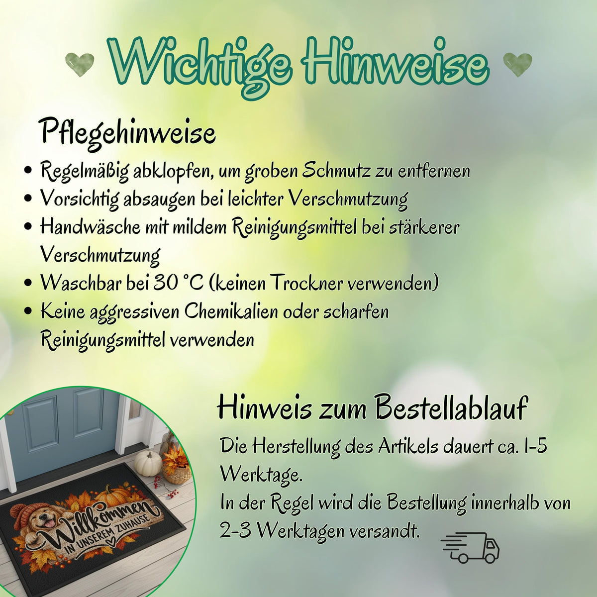 Herbst Fußmatte für Haustür und Eingang mit fröhlichem Hund, orangefarbener Strickmütze, Kürbis und buntem Herbstlaub sowie Spruch „Willkommen in unserem Zuhause“. Bedruckte Haustür Fußmatte als gemütliche Herbstdeko und Willkommensmatte für den Eingangsbereich. Schmutzfangmatte aus 100 % Polypropylen mit rutschfestem Gummirand. Dekorative Eingangs Fußmatte für Hundefreunde und Herbstfans, passend als Fußmatte Herbst Haustürmatte Fußmatte Willkommen und Geschenk für Hundebesitzer oder zum Einzug