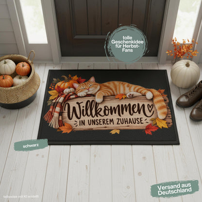 Herbst Fußmatte für Haustür und Eingang mit schlafender orangefarbener Katze, Kürbissen, kuscheligem Schal und buntem Herbstlaub sowie Spruch „Willkommen in unserem Zuhause“. Bedruckte Haustür Fußmatte als gemütliche Herbstdeko und Willkommensmatte für Katzenfreunde. Schmutzfangmatte aus 100 % Polypropylen mit rutschfestem Gummirand. Dekorative Eingangs Fußmatte passend als Fußmatte Herbst, Haustürmatte, Fußmatte Willkommen und Geschenk für Katzenliebhaber, Katzenbesitzer oder zum Einzug.