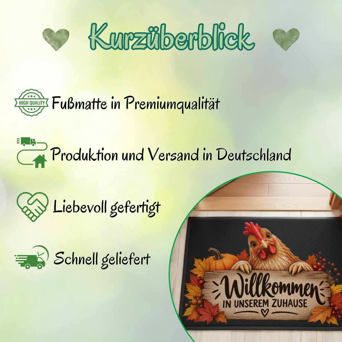 Herbst Fußmatte für Haustür und Eingang mit Huhn, orangefarbenem Kürbis, buntem Herbstlaub und rustikalem Holzschild mit Spruch „Willkommen in unserem Zuhause“. Bedruckte Haustür Fußmatte als gemütliche Herbstdeko und Willkommensmatte für Hühnerliebhaber und Fans des Landlebens. Schmutzfangmatte aus 100 % Polypropylen. Dekorative Eingangs Fußmatte passend als Fußmatte Herbst, Haustürmatte, Fußmatte Willkommen oder praktische Geschenkidee für Hühnerfans, Herbstfans und zum Einzug.