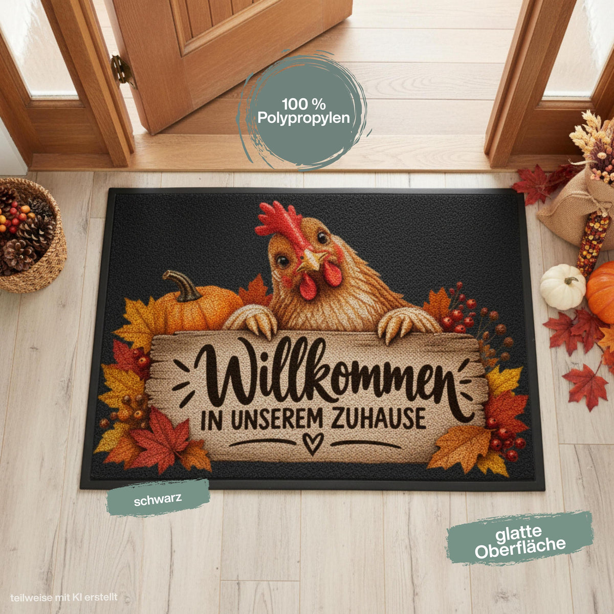 Herbst Fußmatte für Haustür und Eingang mit Huhn, orangefarbenem Kürbis, buntem Herbstlaub und rustikalem Holzschild mit Spruch „Willkommen in unserem Zuhause“. Bedruckte Haustür Fußmatte als gemütliche Herbstdeko und Willkommensmatte für Hühnerliebhaber und Fans des Landlebens. Schmutzfangmatte aus 100 % Polypropylen. Dekorative Eingangs Fußmatte passend als Fußmatte Herbst, Haustürmatte, Fußmatte Willkommen oder praktische Geschenkidee für Hühnerfans, Herbstfans und zum Einzug.