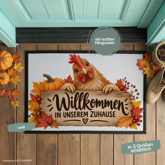 Herbst Fußmatte für Haustür und Eingang mit Huhn, orangefarbenem Kürbis, buntem Herbstlaub und rustikalem Holzschild mit Spruch „Willkommen in unserem Zuhause“. Bedruckte Haustür Fußmatte als gemütliche Herbstdeko und Willkommensmatte für Hühnerliebhaber und Fans des Landlebens. Schmutzfangmatte aus 100 % Polypropylen. Dekorative Eingangs Fußmatte passend als Fußmatte Herbst, Haustürmatte, Fußmatte Willkommen oder praktische Geschenkidee für Hühnerfans, Herbstfans und zum Einzug.