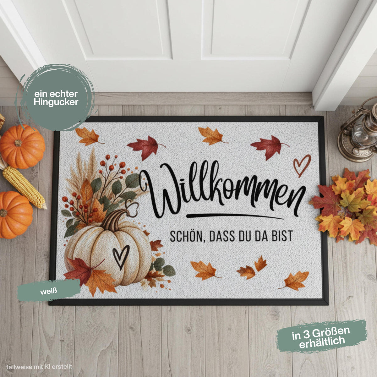Herbst Fußmatte für Haustür und Eingang mit Schriftzug „Willkommen – Schön, dass du da bist“, großem weißem Kürbis, bunten Herbstblättern, Zweigen und Beeren. Bedruckte Fußmatte aus 100 % Polypropylen mit rutschfestem Gummirand, erhältlich in drei Größen. Herbst Fußmatte als dekorative Willkommensmatte, Haustürmatte und Schmutzfangmatte für einen gemütlichen Eingangsbereich. Fußmatte Herbst für Haustür, Wohnung oder Haus, passend zu Kürbisdeko, Herbstkranz und saisonaler Herbstdekoration.