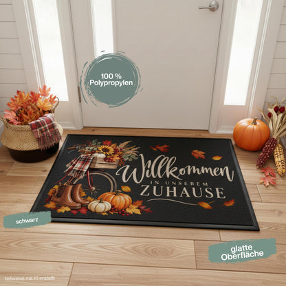 Herbst Fußmatte für Haustür und Eingang mit Schriftzug „Willkommen in unserem Zuhause“, nostalgischem Fahrrad, braunen Gummistiefeln, Kürbissen, Sonnenblumen, Beeren und bunten Herbstblättern. Bedruckte Fußmatte aus 100 % Polypropylen mit rutschfestem Gummirand in drei Größen. Herbst Fußmatte als dekorative Willkommensmatte, Haustürmatte und Schmutzfangmatte für einen gemütlichen Eingangsbereich. Fußmatte Herbst für Haus und Wohnung mit klassischer Kürbis- und Herbstdeko.