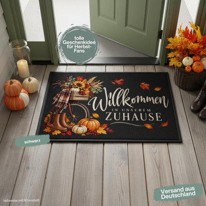 Herbst Fußmatte für Haustür und Eingang mit Schriftzug „Willkommen in unserem Zuhause“, nostalgischem Fahrrad, braunen Gummistiefeln, Kürbissen, Sonnenblumen, Beeren und bunten Herbstblättern. Bedruckte Fußmatte aus 100 % Polypropylen mit rutschfestem Gummirand in drei Größen. Herbst Fußmatte als dekorative Willkommensmatte, Haustürmatte und Schmutzfangmatte für einen gemütlichen Eingangsbereich. Fußmatte Herbst für Haus und Wohnung mit klassischer Kürbis- und Herbstdeko.