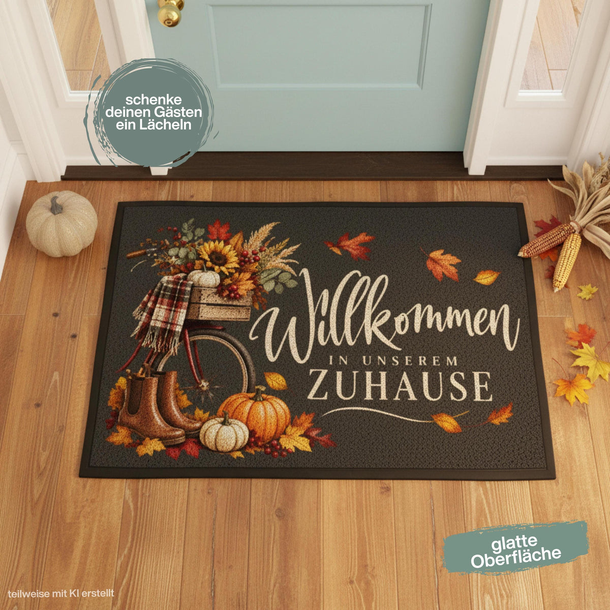 Herbst Fußmatte für Haustür und Eingang mit Schriftzug „Willkommen in unserem Zuhause“, nostalgischem Fahrrad, braunen Gummistiefeln, Kürbissen, Sonnenblumen, Beeren und bunten Herbstblättern. Bedruckte Fußmatte aus 100 % Polypropylen mit rutschfestem Gummirand in drei Größen. Herbst Fußmatte als dekorative Willkommensmatte, Haustürmatte und Schmutzfangmatte für einen gemütlichen Eingangsbereich. Fußmatte Herbst für Haus und Wohnung mit klassischer Kürbis- und Herbstdeko.