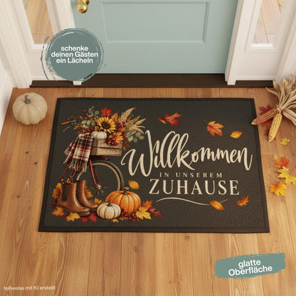 Herbst Fußmatte für Haustür und Eingang mit Schriftzug „Willkommen in unserem Zuhause“, nostalgischem Fahrrad, braunen Gummistiefeln, Kürbissen, Sonnenblumen, Beeren und bunten Herbstblättern. Bedruckte Fußmatte aus 100 % Polypropylen mit rutschfestem Gummirand in drei Größen. Herbst Fußmatte als dekorative Willkommensmatte, Haustürmatte und Schmutzfangmatte für einen gemütlichen Eingangsbereich. Fußmatte Herbst für Haus und Wohnung mit klassischer Kürbis- und Herbstdeko.