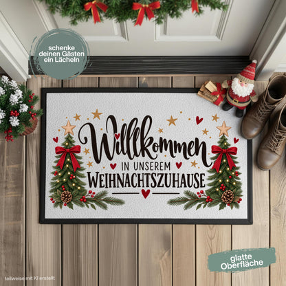 Weihnachtliche Fußmatte mit weißer Druckfläche und schwarzem Gummirand vor einer festlich geschmückten Haustür. Der Spruch „Willkommen in unserem Weihnachtszuhause“ wird von zwei Tannenbäumen mit roten Schleifen, goldenen Sternen, Herzen, Zapfen und Tannenzweigen umrahmt. Daneben stehen Winterstiefel und eine Weihnachtsmannfigur auf Holzplanken. Die bedruckte Schmutzfangmatte ist in drei Größen erhältlich und eignet sich als rutschfeste Haustürmatte und Weihnachtsdekoration für den Eingangsbereich.