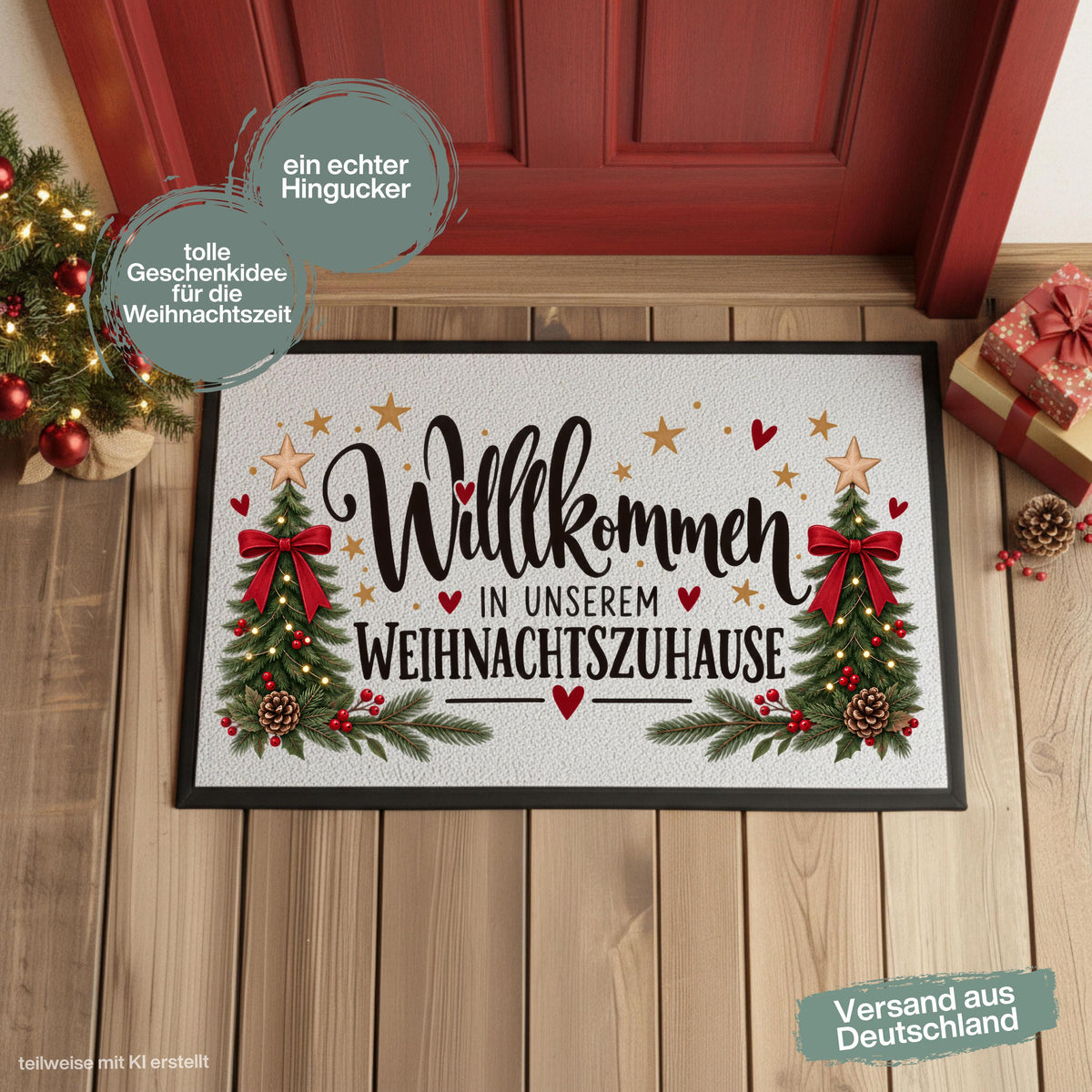 Weihnachtliche Fußmatte Weihnachten mit dem Spruch „Willkommen in unserem Weihnachtszuhause“, zwei geschmückten Tannenbäumen, roten Schleifen, Tannenzweigen und Herzen. Die bedruckte Schmutzfangmatte ist eine festliche Weihnachtsfußmatte und Weihnachtsdeko für die Tür, Haustür und den Eingangsbereich. Die Fußmatte Eingang besitzt einen rutschfesten Gummirand und ist in drei Größen erhältlich. Eine dekorative Haustür Fußmatte, Willkommensmatte und Fußmatte Winter für die Weihnachtszeit. Aus Polypropylen.