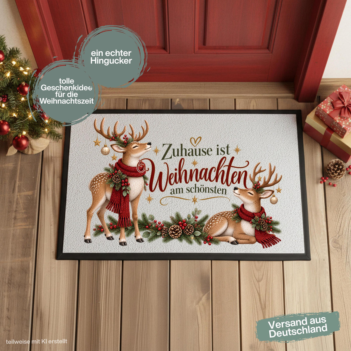 Weihnachtliche Fußmatte Weihnachten mit zwei Rentieren, roten Schals, Tannenzweigen, Beeren, Zapfen und goldenen Sternen sowie dem Spruch „Zuhause ist Weihnachten am schönsten“. Die bedruckte Schmutzfangmatte ist eine festliche Weihnachtsfußmatte und Weihnachtsdeko für die Tür, Haustür und den Eingangsbereich. Die Fußmatte Eingang hat einen rutschfesten Gummirand und ist in drei Größen erhältlich. Eine winterliche Haustür Fußmatte, Haustürmatte und Fußmatte Winter für Advent und Weihnachten.