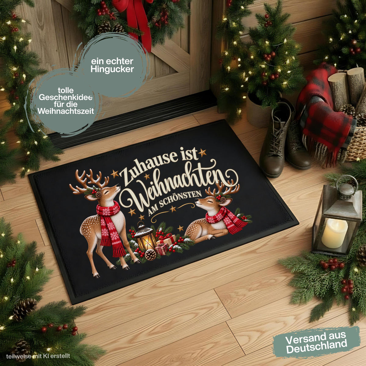 Weihnachtliche Fußmatte Weihnachten mit zwei Rentieren, roten Schals, Tannenzweigen, Beeren, Zapfen und goldenen Sternen sowie dem Spruch „Zuhause ist Weihnachten am schönsten“. Die bedruckte Schmutzfangmatte ist eine festliche Weihnachtsfußmatte und Weihnachtsdeko für die Tür, Haustür und den Eingangsbereich. Die Fußmatte Eingang hat einen rutschfesten Gummirand und ist in drei Größen erhältlich. Eine winterliche Haustür Fußmatte, Haustürmatte und Fußmatte Winter für Advent und Weihnachten.
