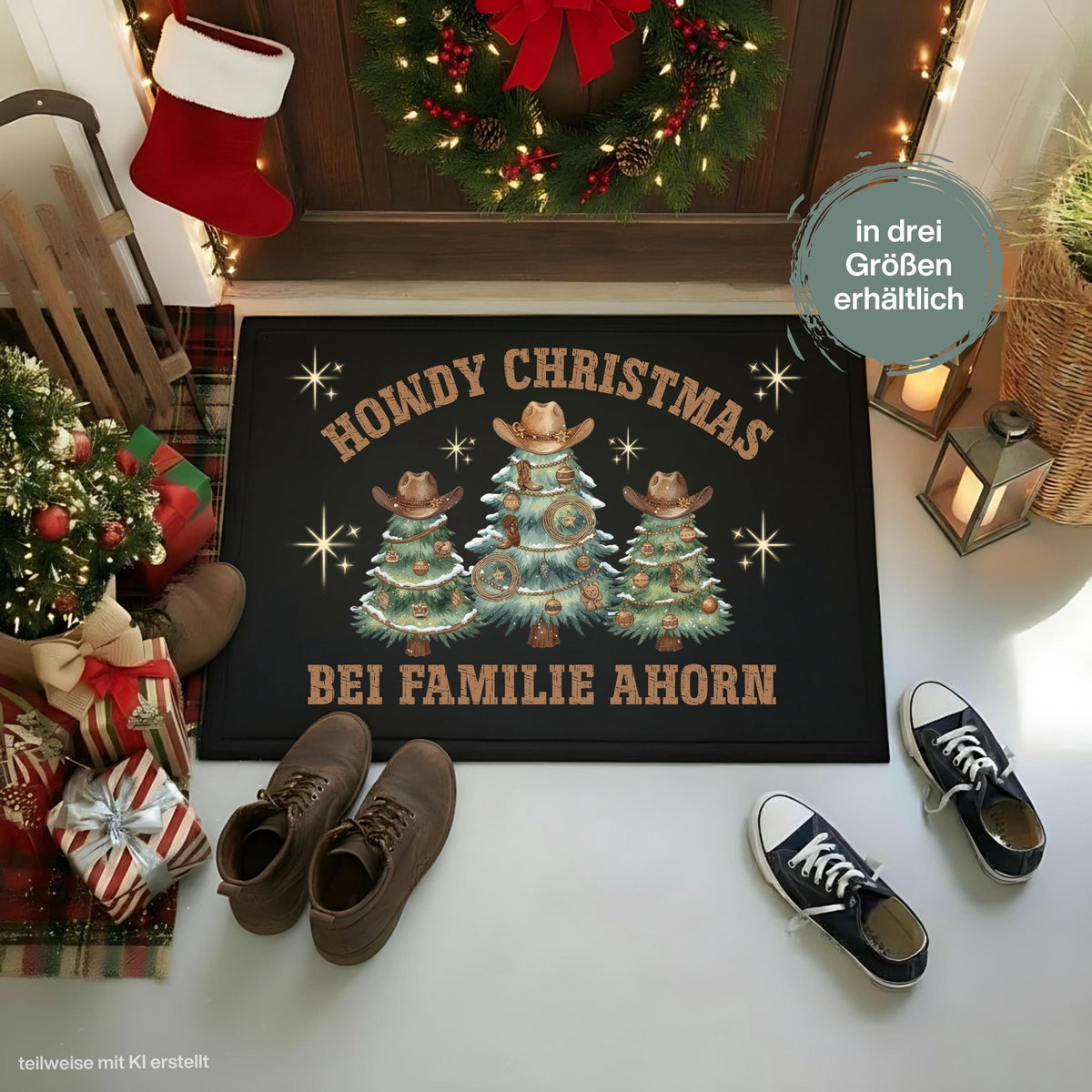 Personalisierte Fußmatte Weihnachten mit verschneiten Weihnachtsbäumen mit Cowboyhüten, Westernschmuck und dem Spruch „Howdy Christmas“. Unter dem Motiv wird die personalisierte Fußmatte mit Namen gestaltet. Die Schmutzfangmatte ist eine ausgefallene Weihnachtsfußmatte und Weihnachtsdeko für die Tür, Haustür und den Eingangsbereich. Die Fußmatte personalisiert besitzt einen rutschfesten Gummirand und eignet sich als persönliche Haustür Fußmatte zur Weihnachtszeit. Material: 100 % Polypropylen.
