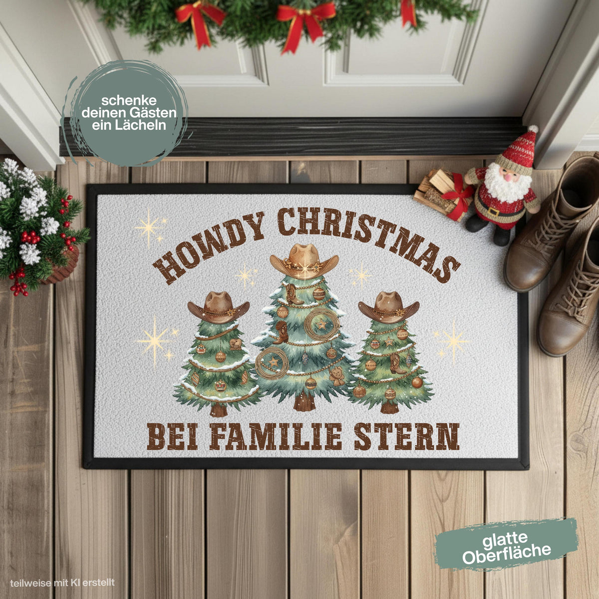 Personalisierte Fußmatte Weihnachten mit verschneiten Weihnachtsbäumen mit Cowboyhüten, Westernschmuck und dem Spruch „Howdy Christmas“. Unter dem Motiv wird die personalisierte Fußmatte mit Namen gestaltet. Die Schmutzfangmatte ist eine ausgefallene Weihnachtsfußmatte und Weihnachtsdeko für die Tür, Haustür und den Eingangsbereich. Die Fußmatte personalisiert besitzt einen rutschfesten Gummirand und eignet sich als persönliche Haustür Fußmatte zur Weihnachtszeit. Material: 100 % Polypropylen.