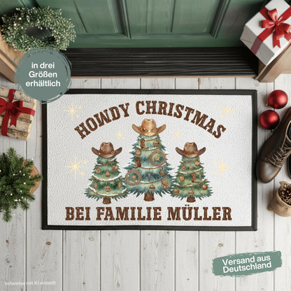 Personalisierte Fußmatte Weihnachten mit verschneiten Weihnachtsbäumen mit Cowboyhüten, Westernschmuck und dem Spruch „Howdy Christmas“. Unter dem Motiv wird die personalisierte Fußmatte mit Namen gestaltet. Die Schmutzfangmatte ist eine ausgefallene Weihnachtsfußmatte und Weihnachtsdeko für die Tür, Haustür und den Eingangsbereich. Die Fußmatte personalisiert besitzt einen rutschfesten Gummirand und eignet sich als persönliche Haustür Fußmatte zur Weihnachtszeit. Material: 100 % Polypropylen.