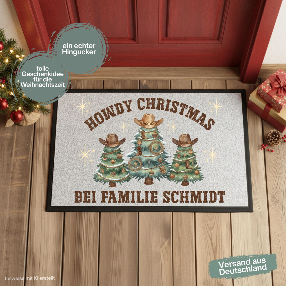 Personalisierte Fußmatte Weihnachten mit verschneiten Weihnachtsbäumen mit Cowboyhüten, Westernschmuck und dem Spruch „Howdy Christmas“. Unter dem Motiv wird die personalisierte Fußmatte mit Namen gestaltet. Die Schmutzfangmatte ist eine ausgefallene Weihnachtsfußmatte und Weihnachtsdeko für die Tür, Haustür und den Eingangsbereich. Die Fußmatte personalisiert besitzt einen rutschfesten Gummirand und eignet sich als persönliche Haustür Fußmatte zur Weihnachtszeit. Material: 100 % Polypropylen.
