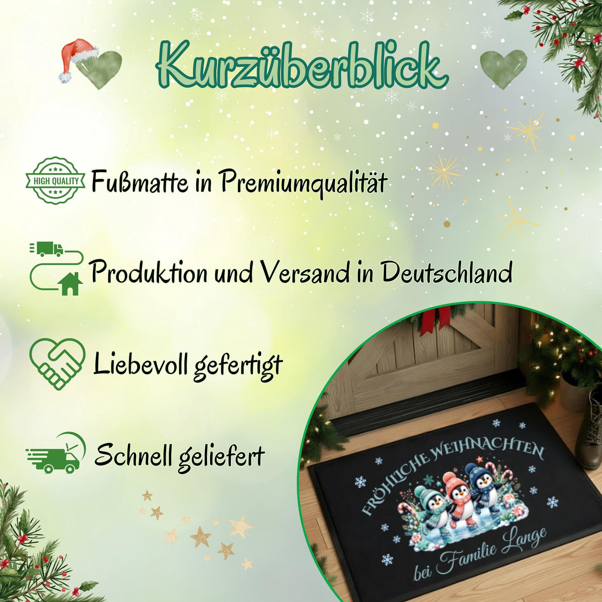 Personalisierte Fußmatte Weihnachten mit drei niedlichen Pinguinen auf Schlittschuhen, bunten Wintermützen, Schneeflocken und Zuckerstangen. Über dem Motiv steht „Fröhliche Weihnachten“, darunter wird die personalisierte Fußmatte mit Namen bzw. Familiennamen gestaltet. Die Schmutzfangmatte ist eine winterliche Weihnachtsfußmatte und Weihnachtsdeko für die Tür, Haustür und den Eingangsbereich. Die Fußmatte personalisiert hat einen rutschfesten Gummirand und eignet sich als Haustür Fußmatte.