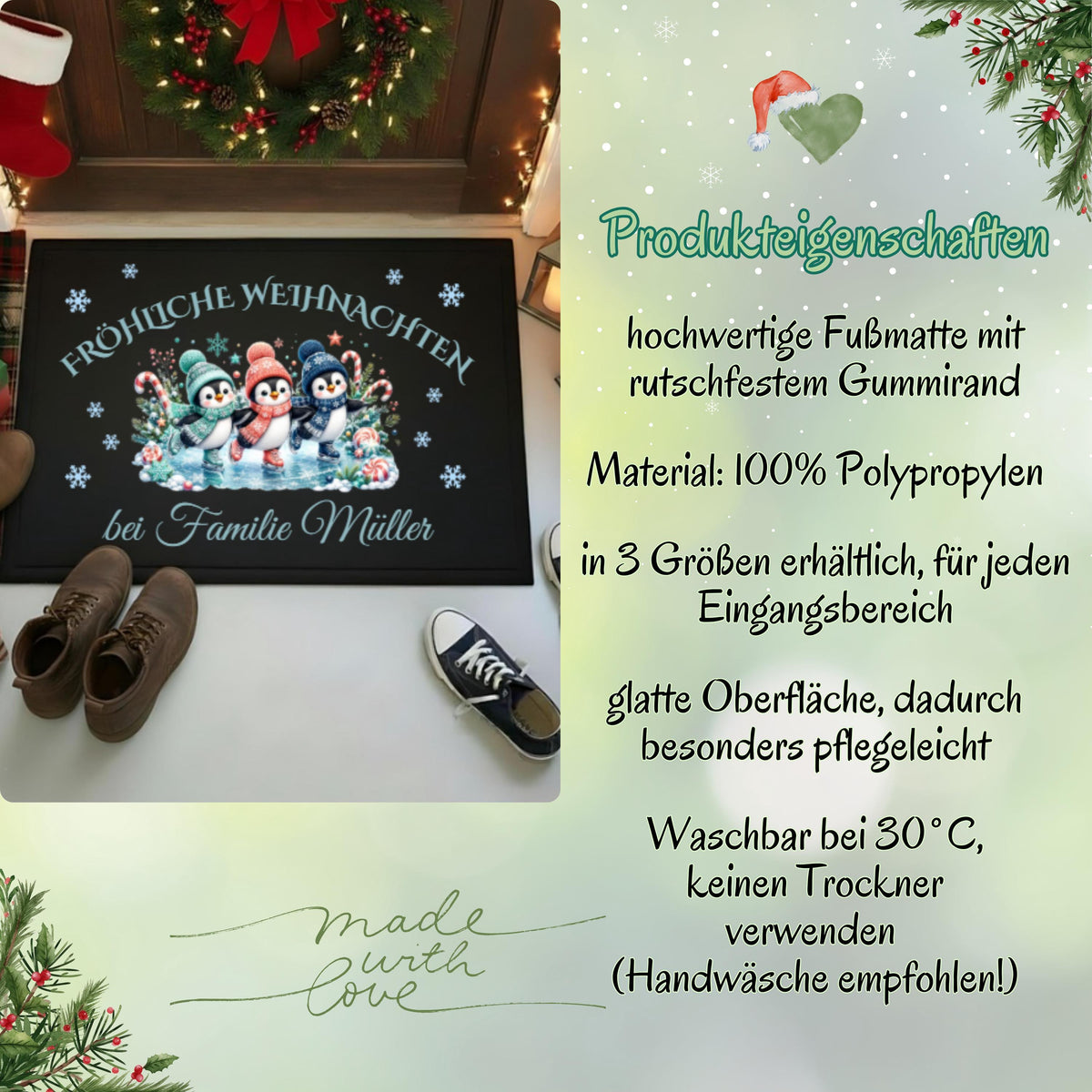 Personalisierte Fußmatte Weihnachten mit drei niedlichen Pinguinen auf Schlittschuhen, bunten Wintermützen, Schneeflocken und Zuckerstangen. Über dem Motiv steht „Fröhliche Weihnachten“, darunter wird die personalisierte Fußmatte mit Namen bzw. Familiennamen gestaltet. Die Schmutzfangmatte ist eine winterliche Weihnachtsfußmatte und Weihnachtsdeko für die Tür, Haustür und den Eingangsbereich. Die Fußmatte personalisiert hat einen rutschfesten Gummirand und eignet sich als Haustür Fußmatte.