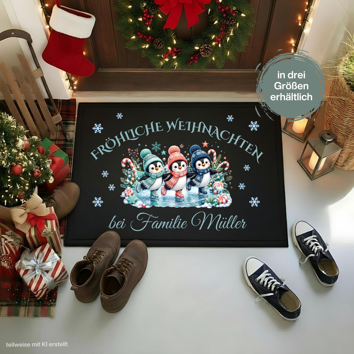 Personalisierte Fußmatte Weihnachten mit drei niedlichen Pinguinen auf Schlittschuhen, bunten Wintermützen, Schneeflocken und Zuckerstangen. Über dem Motiv steht „Fröhliche Weihnachten“, darunter wird die personalisierte Fußmatte mit Namen bzw. Familiennamen gestaltet. Die Schmutzfangmatte ist eine winterliche Weihnachtsfußmatte und Weihnachtsdeko für die Tür, Haustür und den Eingangsbereich. Die Fußmatte personalisiert hat einen rutschfesten Gummirand und eignet sich als Haustür Fußmatte.