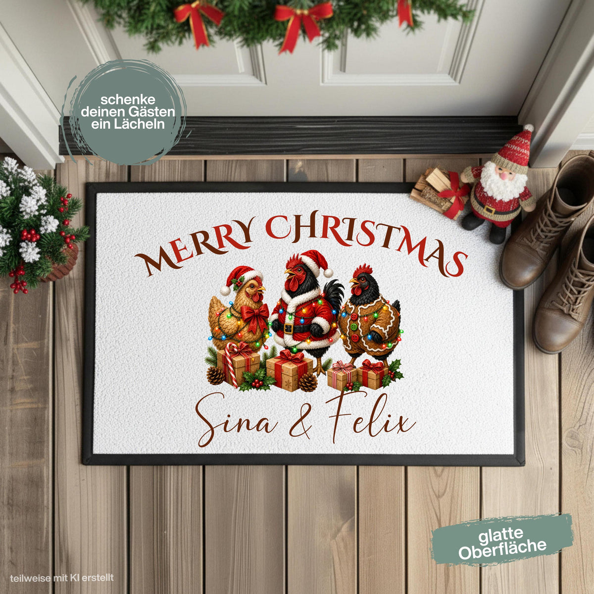 Personalisierte Weihnachtsfußmatte mit geschmückten Hühnern und dem Schriftzug „Merry Christmas“. Die personalisierte Fußmatte mit Namen ist eine weihnachtliche Schmutzfangmatte für Haustür und Eingangsbereich. Merry Christmas Fußmatte für die Adventszeit, passend als Weihnachtsfußmatte, Haustür Fußmatte, Fußmatte Weihnachten, personalisierte Türmatte, Türmatte Weihnachten und winterliche Fußmatte für den Eingang. Eine besondere Weihnachtsdeko für die Tür und Geschenkidee für Hühnerfans. Aus Polypropylen.