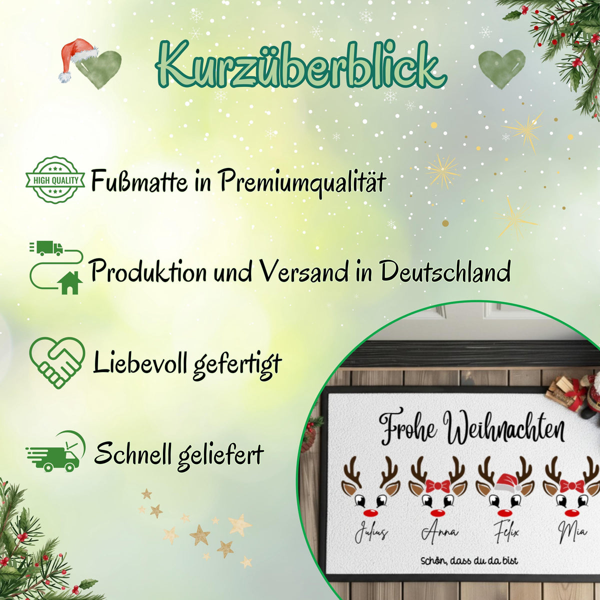 Weihnachtliche Infografik „Kurzüberblick“ zur personalisierten Rentier-Fußmatte von MeobellaDesigns. Auf hellgrünem Hintergrund mit Schneeflocken, Herzen, Sternen und Tannenzweigen stehen Hinweise zu Premiumqualität, Produktion und Versand in Deutschland, liebevoller Fertigung und schneller Lieferung. Ein runder Bildausschnitt zeigt die weiße Haustürmatte mit schwarzem Rand, vier Rentiergesichtern, Namen und „Frohe Weihnachten“. Übersicht zum individuell bedruckten Weihnachtsartikel für den Eingang.