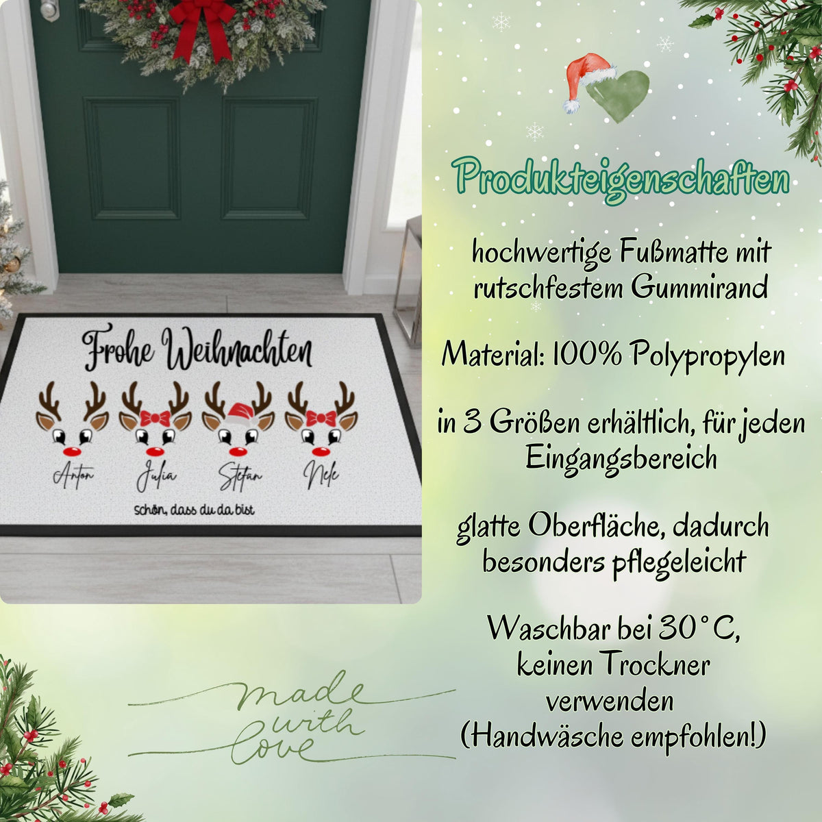 Infografik „Produkteigenschaften“ zur personalisierten Weihnachtsfußmatte mit Rentieren. Links liegt eine weiße Matte mit schwarzem Gummirand, vier Rentierköpfen, Namen und dem Spruch „Frohe Weihnachten“ vor einer grünen Haustür. Rechts nennt die Grafik 100 % Polypropylen, drei verfügbare Größen und eine glatte, pflegeleichte Oberfläche. Sichtbare Pflegehinweise: bei 30 °C waschbar, Handwäsche empfohlen und keinen Trockner verwenden. Hellgrüne Weihnachtsgestaltung mit Tannenzweigen und „Made with Love“.