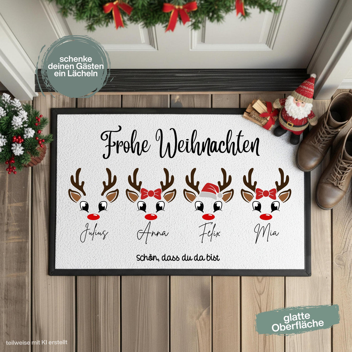 Personalisierte Weihnachtsfußmatte mit mehreren süßen Rentiergesichtern, roten Nasen und dem Schriftzug „Frohe Weihnachten“. Individuelle Fußmatte mit Namen, bei der zwischen Rentier mit Schleife, Rentier mit Weihnachtsmütze und schlichtem Rentier gewählt werden kann. Weihnachtliche Schmutzfangmatte und Haustür Fußmatte für Familien, passend als Fußmatte Weihnachten, Weihnachtsfußmatte, personalisierte Türmatte, Türmatte Weihnachten, Fußmatte Eingang und persönliche Weihnachtsdeko für die Tür.