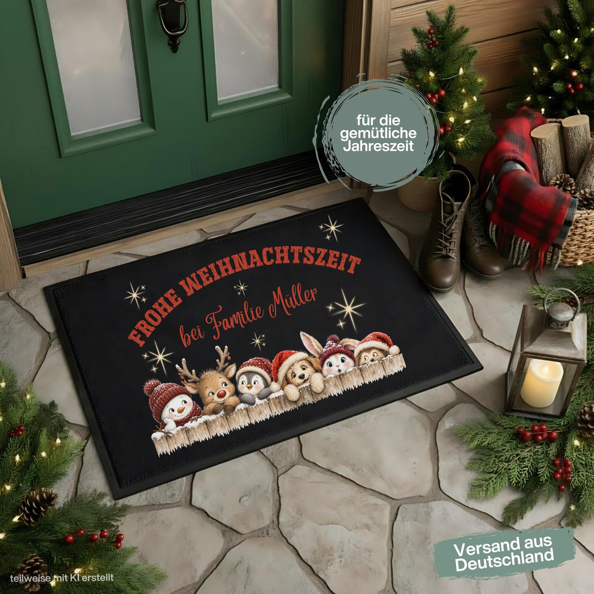 Personalisierte Weihnachtsfußmatte mit Schneemann, Rentier, Pinguin und niedlichen Tieren in Weihnachtsmützen, dem Spruch „Frohe Weihnachtszeit“ und individuellem Familiennamen. Liebevolle personalisierte Fußmatte mit Namen und weihnachtliche Schmutzfangmatte für Haustür und Eingangsbereich. Passend als Fußmatte Weihnachten, Weihnachtsfußmatte, Haustür Fußmatte, personalisierte Türmatte, Türmatte Weihnachten, Fußmatte Eingang, winterliche Haustürmatte und persönliche Weihnachtsdeko für die Tür.