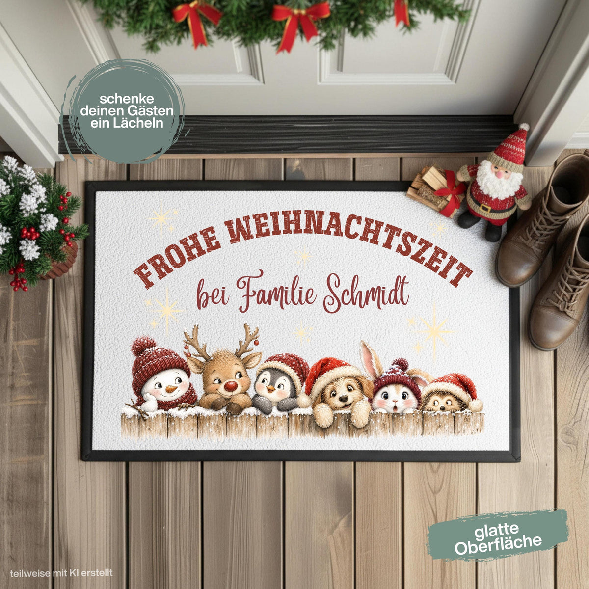 Personalisierte Weihnachtsfußmatte mit Schneemann, Rentier, Pinguin und niedlichen Tieren in Weihnachtsmützen, dem Spruch „Frohe Weihnachtszeit“ und individuellem Familiennamen. Liebevolle personalisierte Fußmatte mit Namen und weihnachtliche Schmutzfangmatte für Haustür und Eingangsbereich. Passend als Fußmatte Weihnachten, Weihnachtsfußmatte, Haustür Fußmatte, personalisierte Türmatte, Türmatte Weihnachten, Fußmatte Eingang, winterliche Haustürmatte und persönliche Weihnachtsdeko für die Tür.
