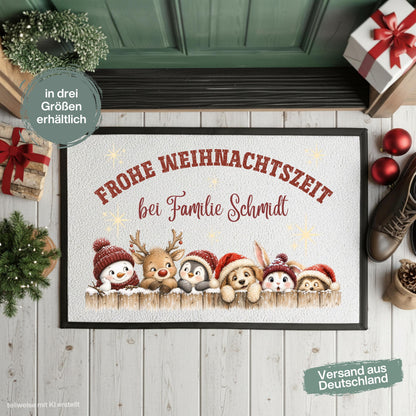 Personalisierte Weihnachtsfußmatte mit Schneemann, Rentier, Pinguin und niedlichen Tieren in Weihnachtsmützen, dem Spruch „Frohe Weihnachtszeit“ und individuellem Familiennamen. Liebevolle personalisierte Fußmatte mit Namen und weihnachtliche Schmutzfangmatte für Haustür und Eingangsbereich. Passend als Fußmatte Weihnachten, Weihnachtsfußmatte, Haustür Fußmatte, personalisierte Türmatte, Türmatte Weihnachten, Fußmatte Eingang, winterliche Haustürmatte und persönliche Weihnachtsdeko für die Tür.