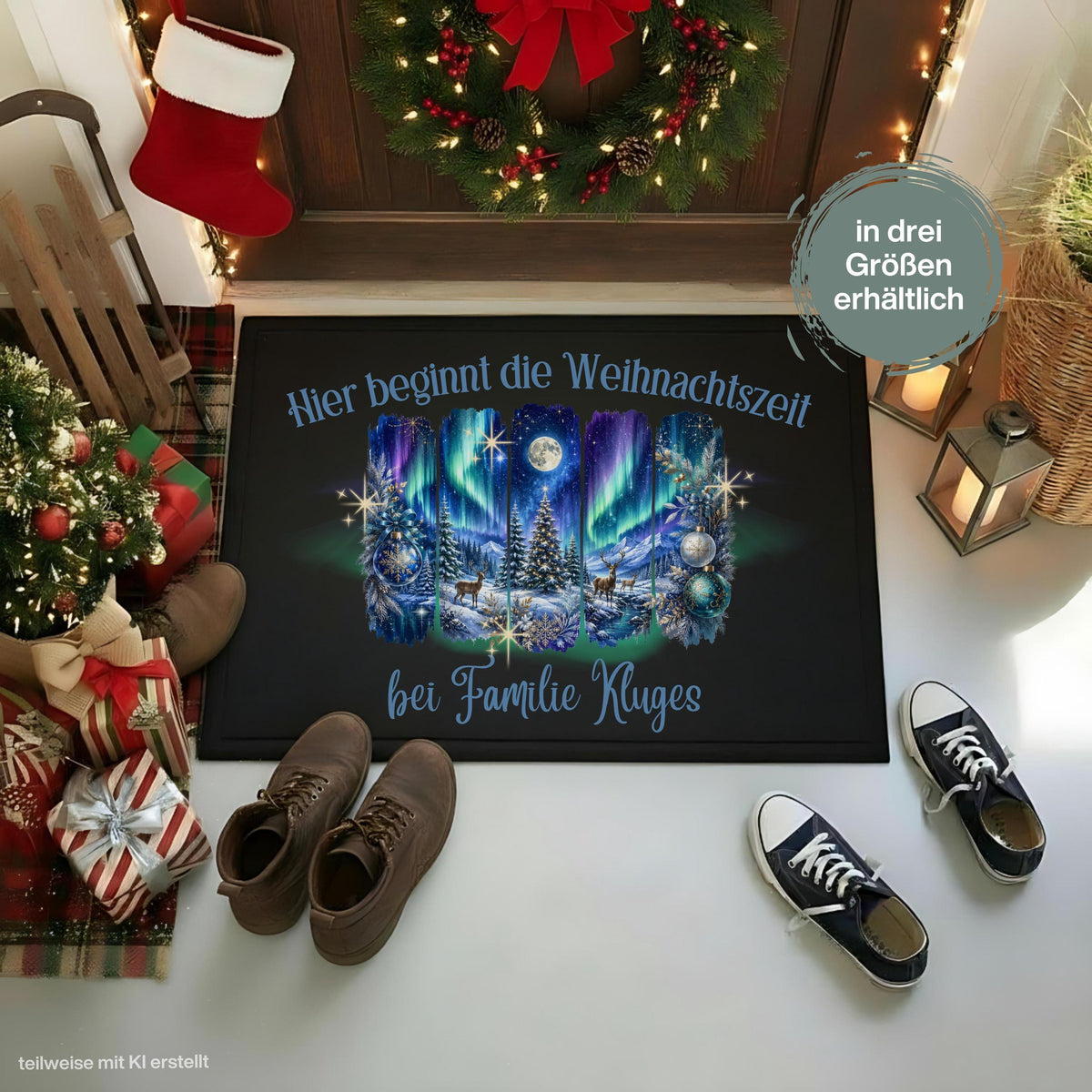 Personalisierte Weihnachtsfußmatte mit leuchtenden Nordlichtern, verschneitem Winterwald, Tannenbäumen, Rentieren, Mond und Weihnachtskugeln sowie dem Spruch „Hier beginnt die Weihnachtszeit“. Winterliche personalisierte Fußmatte mit Namen und Schmutzfangmatte für Haustür und Eingang. Passend als Fußmatte Weihnachten, Weihnachtsfußmatte, Haustür Fußmatte, Fußmatte Winter, personalisierte Türmatte, Türmatte Weihnachten, Fußmatte Eingang und stimmungsvolle Weihnachtsdeko für die Tür. Aus Polypropylen.