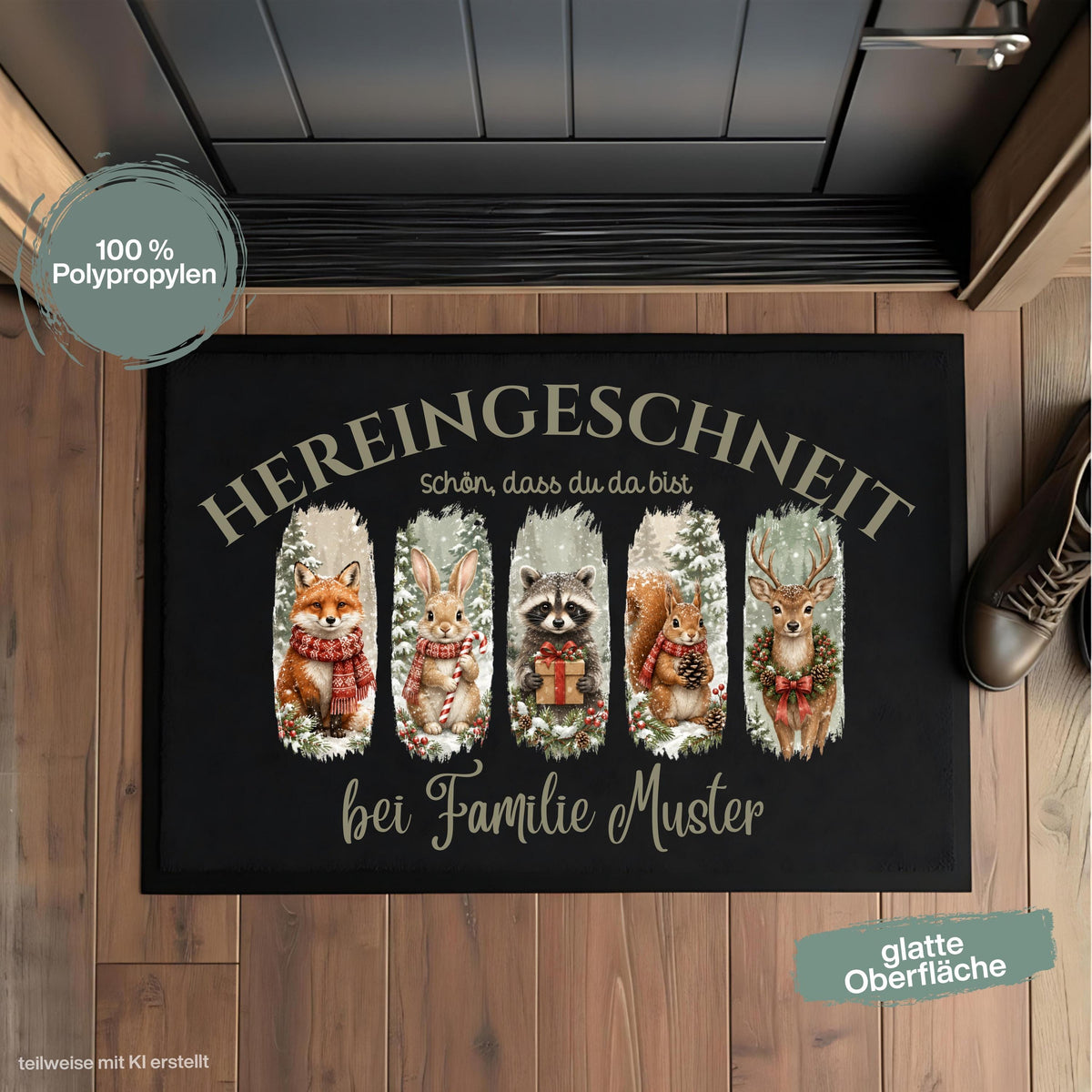 Personalisierte Weihnachtsfußmatte mit winterlichen Waldtieren wie Fuchs, Hase, Waschbär, Eichhörnchen und Reh, verschneitem Wald und dem Spruch „Hereingeschneit – schön, dass du da bist“. Personalisierte Fußmatte mit Namen und winterliche Schmutzfangmatte für Haustür und Eingang. Passend als Fußmatte Weihnachten, Weihnachtsfußmatte, Haustür Fußmatte, Fußmatte Winter, personalisierte Türmatte, Türmatte Weihnachten, Fußmatte Eingang und weihnachtliche Haustürmatte für die Adventszeit. Aus Polypropylen.