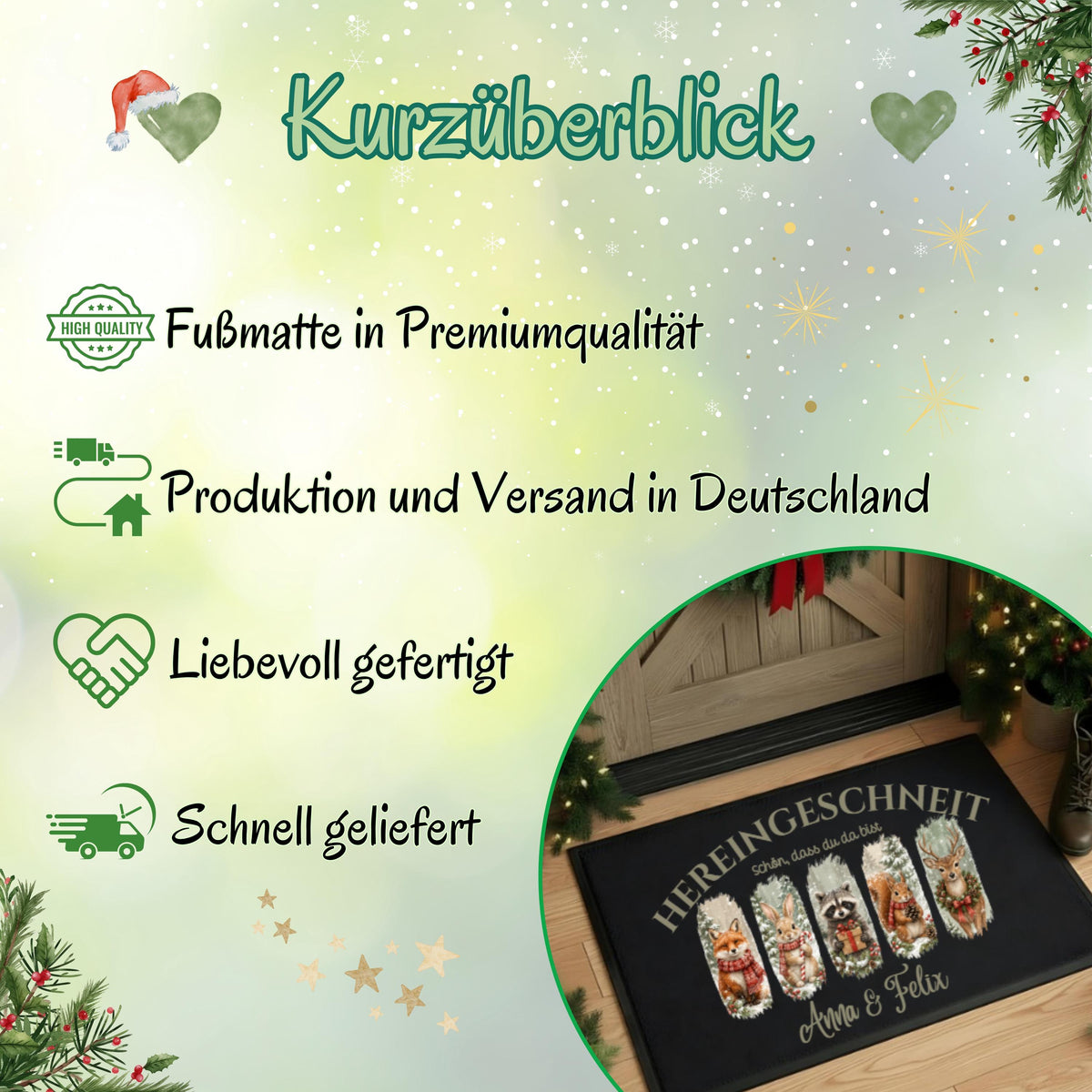 Weihnachtliche Infografik „Kurzüberblick“ zur personalisierten Fußmatte mit Waldtieren von MeobellaDesigns. Auf hellgrünem Hintergrund mit Schneeflocken, Herzen, Sternen und Tannenzweigen stehen Hinweise zu Premiumqualität, Produktion und Versand in Deutschland, liebevoller Fertigung und schneller Lieferung. Ein runder Bildausschnitt zeigt die bedruckte Haustürmatte mit winterlichen Waldtieren und Familiennamen. Übersicht zum individuell gestalteten Weihnachtsartikel für Haustür und Eingangsbereich.
