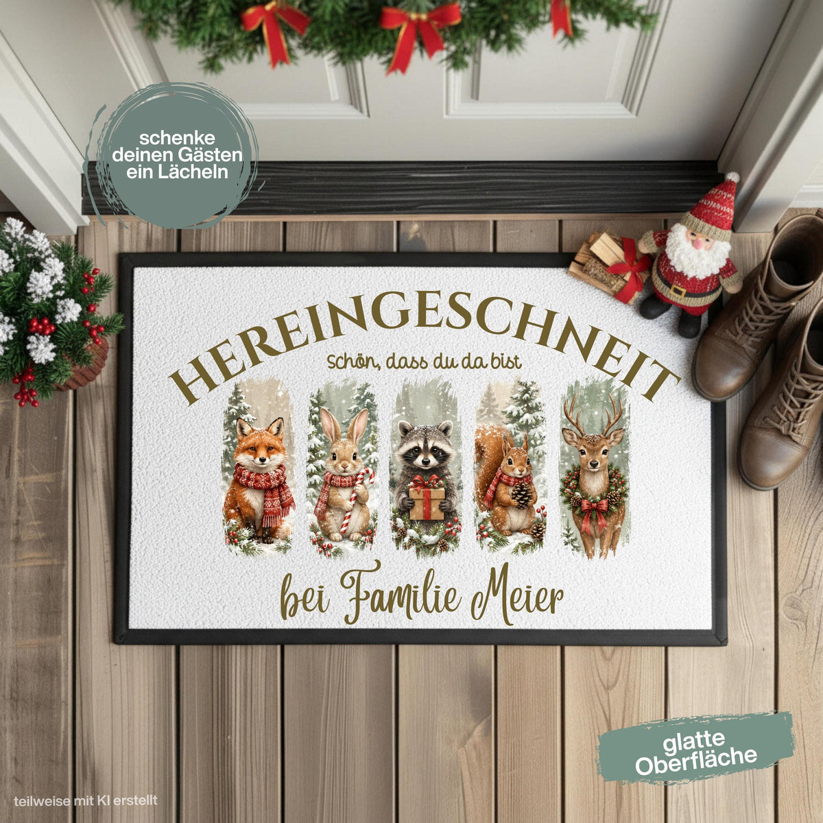 Personalisierte Weihnachtsfußmatte mit winterlichen Waldtieren wie Fuchs, Hase, Waschbär, Eichhörnchen und Reh, verschneitem Wald und dem Spruch „Hereingeschneit – schön, dass du da bist“. Personalisierte Fußmatte mit Namen und winterliche Schmutzfangmatte für Haustür und Eingang. Passend als Fußmatte Weihnachten, Weihnachtsfußmatte, Haustür Fußmatte, Fußmatte Winter, personalisierte Türmatte, Türmatte Weihnachten, Fußmatte Eingang und weihnachtliche Haustürmatte für die Adventszeit. Aus Polypropylen.