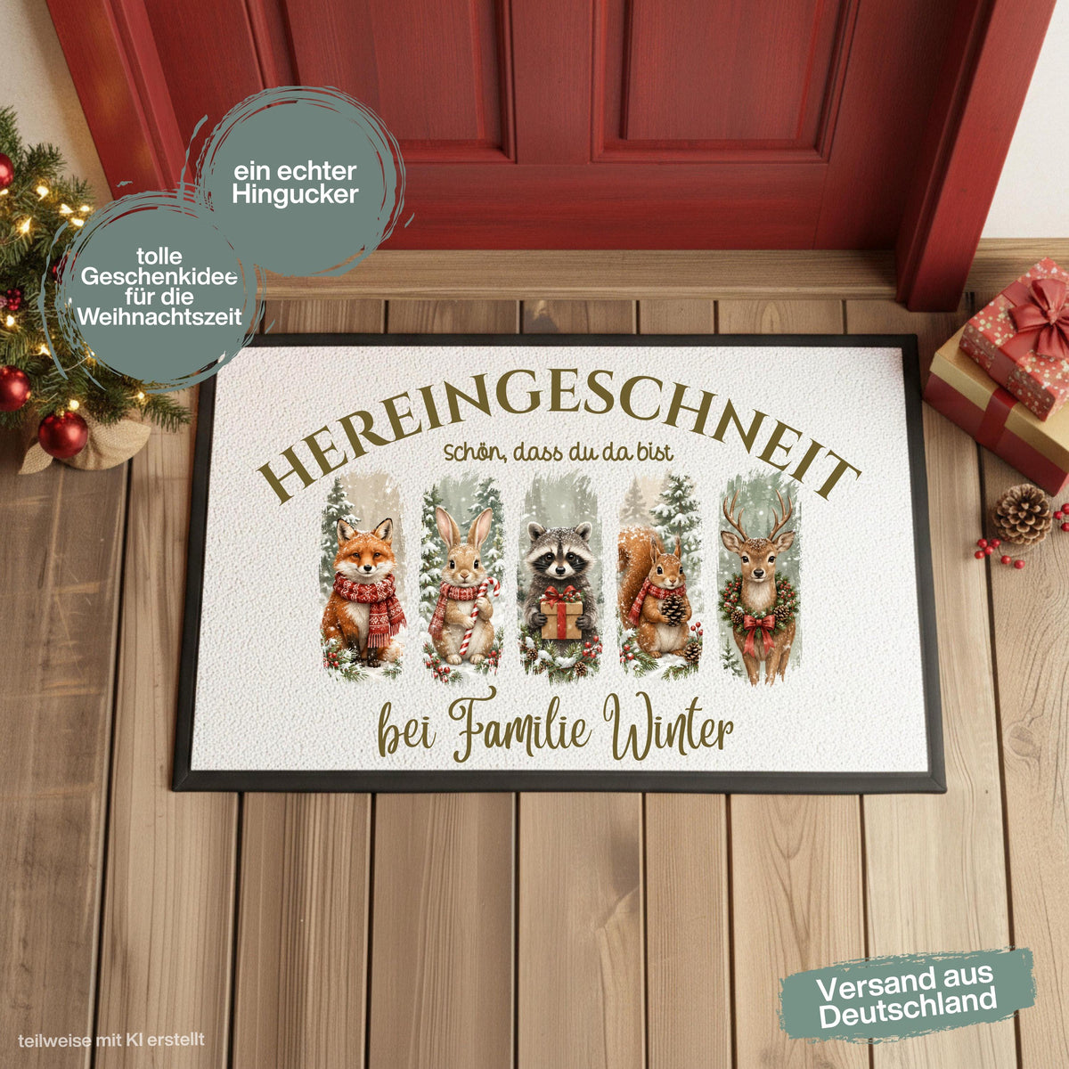 Personalisierte Weihnachtsfußmatte mit winterlichen Waldtieren wie Fuchs, Hase, Waschbär, Eichhörnchen und Reh, verschneitem Wald und dem Spruch „Hereingeschneit – schön, dass du da bist“. Personalisierte Fußmatte mit Namen und winterliche Schmutzfangmatte für Haustür und Eingang. Passend als Fußmatte Weihnachten, Weihnachtsfußmatte, Haustür Fußmatte, Fußmatte Winter, personalisierte Türmatte, Türmatte Weihnachten, Fußmatte Eingang und weihnachtliche Haustürmatte für die Adventszeit. Aus Polypropylen.