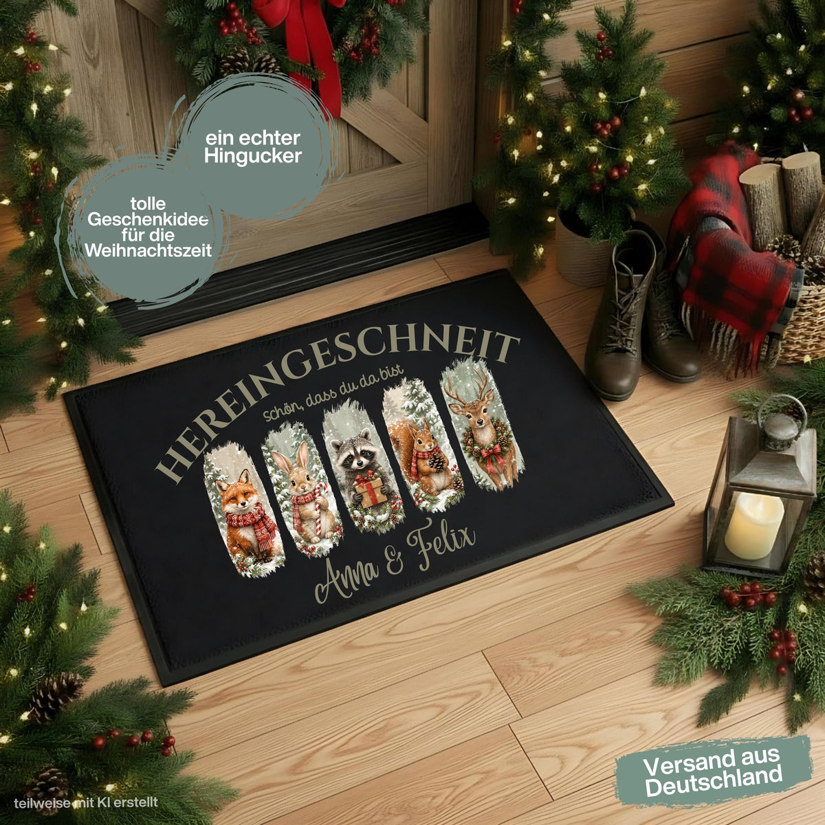 Personalisierte Weihnachtsfußmatte mit winterlichen Waldtieren wie Fuchs, Hase, Waschbär, Eichhörnchen und Reh, verschneitem Wald und dem Spruch „Hereingeschneit – schön, dass du da bist“. Personalisierte Fußmatte mit Namen und winterliche Schmutzfangmatte für Haustür und Eingang. Passend als Fußmatte Weihnachten, Weihnachtsfußmatte, Haustür Fußmatte, Fußmatte Winter, personalisierte Türmatte, Türmatte Weihnachten, Fußmatte Eingang und weihnachtliche Haustürmatte für die Adventszeit. Aus Polypropylen.