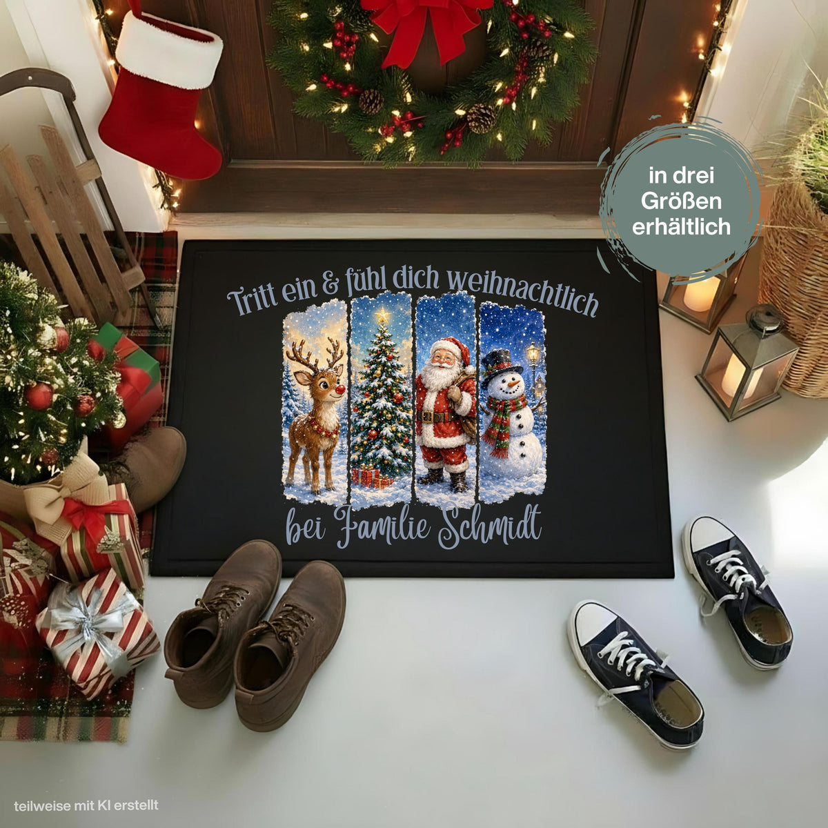 Personalisierte Weihnachtsfußmatte mit Weihnachtsmann, Rentier, Tannenbaum, Schneemann und verschneiter Winterlandschaft sowie dem Spruch „Tritt ein & fühl dich weihnachtlich“. Personalisierte Fußmatte mit Namen und weihnachtliche Schmutzfangmatte für Haustür und Eingang. Passend als Fußmatte Weihnachten, Weihnachtsfußmatte, Haustür Fußmatte, Fußmatte Winter, personalisierte Türmatte, Türmatte Weihnachten, Fußmatte Eingang, Weihnachts Schmutzfangmatte und festliche Weihnachtsdeko für die Tür.
