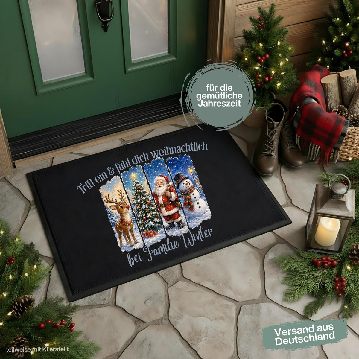 Personalisierte Weihnachtsfußmatte mit Weihnachtsmann, Rentier, Tannenbaum, Schneemann und verschneiter Winterlandschaft sowie dem Spruch „Tritt ein & fühl dich weihnachtlich“. Personalisierte Fußmatte mit Namen und weihnachtliche Schmutzfangmatte für Haustür und Eingang. Passend als Fußmatte Weihnachten, Weihnachtsfußmatte, Haustür Fußmatte, Fußmatte Winter, personalisierte Türmatte, Türmatte Weihnachten, Fußmatte Eingang, Weihnachts Schmutzfangmatte und festliche Weihnachtsdeko für die Tür.
