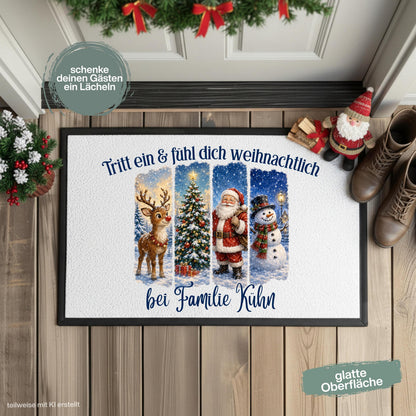 Personalisierte Weihnachtsfußmatte mit Weihnachtsmann, Rentier, Tannenbaum, Schneemann und verschneiter Winterlandschaft sowie dem Spruch „Tritt ein & fühl dich weihnachtlich“. Personalisierte Fußmatte mit Namen und weihnachtliche Schmutzfangmatte für Haustür und Eingang. Passend als Fußmatte Weihnachten, Weihnachtsfußmatte, Haustür Fußmatte, Fußmatte Winter, personalisierte Türmatte, Türmatte Weihnachten, Fußmatte Eingang, Weihnachts Schmutzfangmatte und festliche Weihnachtsdeko für die Tür.